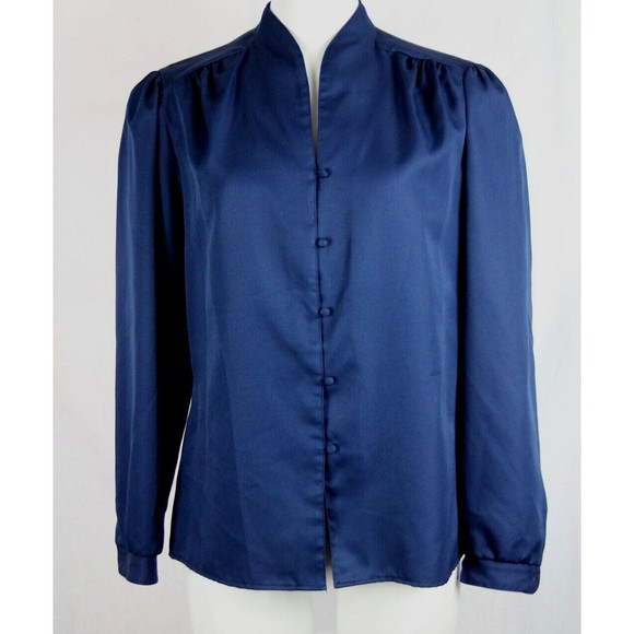 Vtg Lady Arrow Navy Blue Blouse Top Dacron Polyester Button Up Long Sleeve 14 - Picture 1 of 7